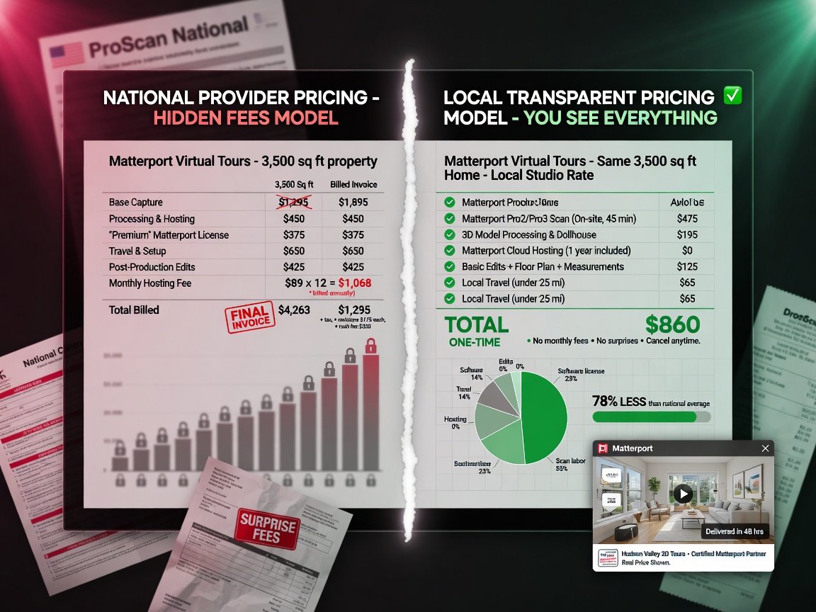 Detailed 8K visualization comparing national provider pricing chart versus local transparent pricing model with clear cost breakdown for Matterport virtual tours