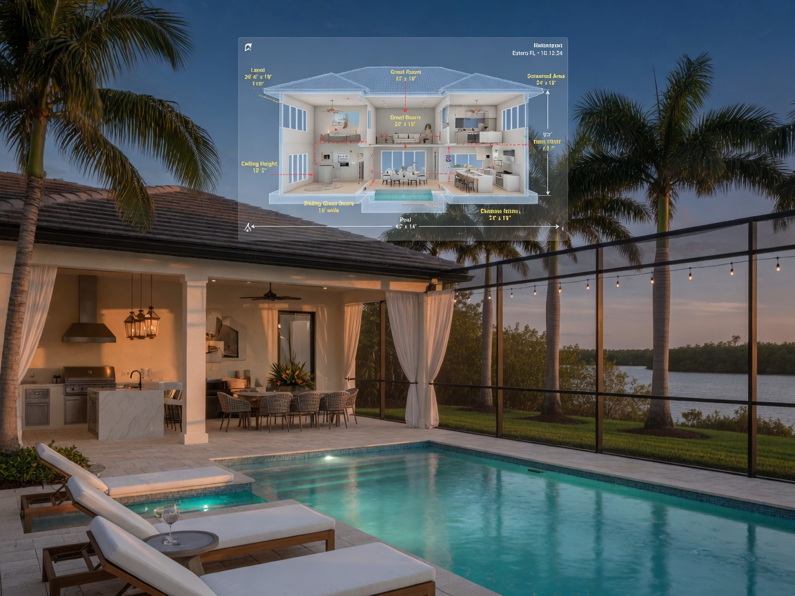 Luxury poolside lanai of an Estero Florida home with Matterport dollhouse view floating transparently above the scene showing exact room dimensions, surreal but realistic 8K composite