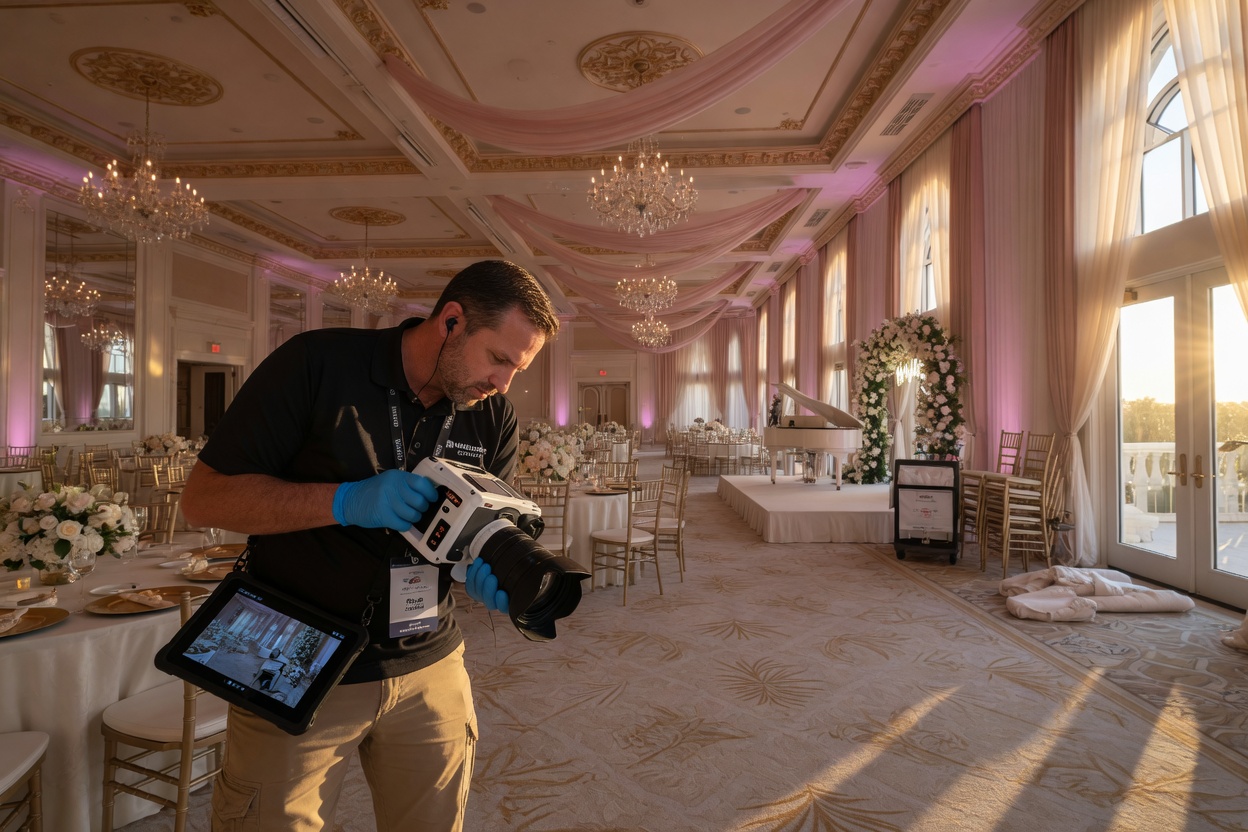 Technician carefully scanning a large SWFL wedding venue with Matterport Pro2 camera, wide angle view of the elegant ballroom
