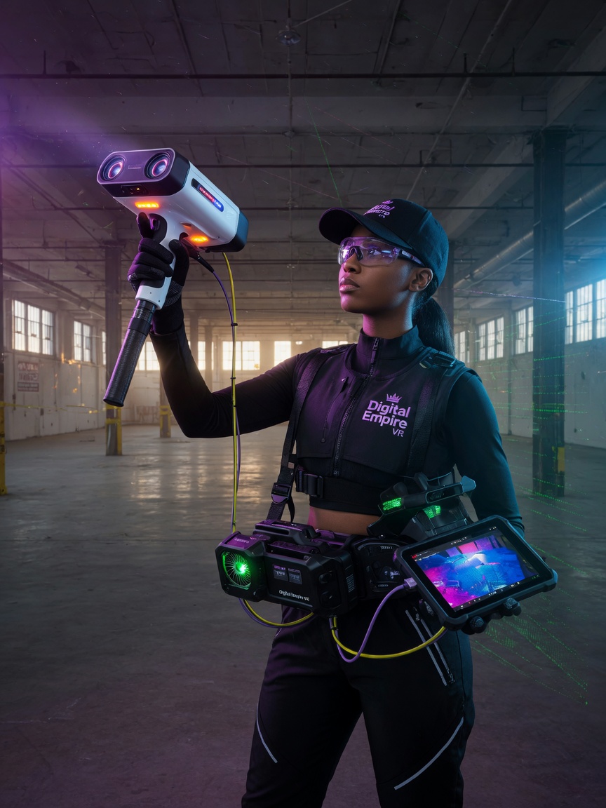 Technician from Digital Empire VR performing dual-technology scan with Matterport Pro3 and additional LiDAR equipment inside large empty commercial space, authentic scene