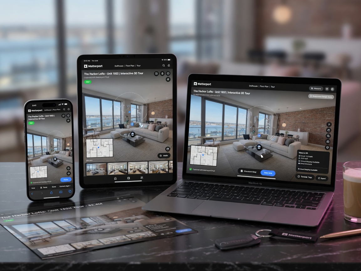 Ultra-realistic 8K image of completed Matterport virtual tour displayed on smartphone, tablet, and laptop simultaneously, responsive design concept for real estate marketing