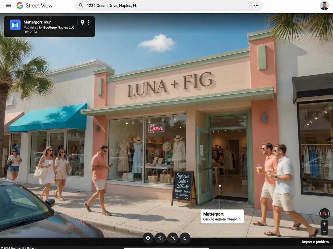 Google Street View interface showing a published Matterport tour of a Naples boutique retail storefront, pedestrians walking by, sunny Florida day, ultra-realistic 8K capture