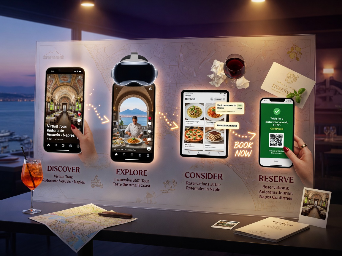 Customer journey visualization showing progression from discovering a virtual tour to making a reservation at a Naples restaurant, modern illustration style