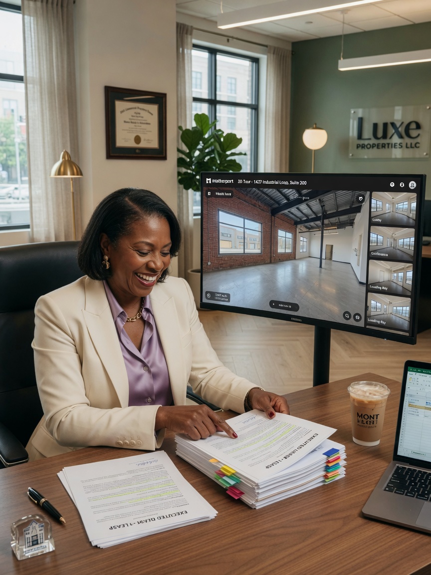Happy commercial property owner reviewing lease documents next to large monitor displaying their property's Matterport virtual tour, natural office environment, 8K