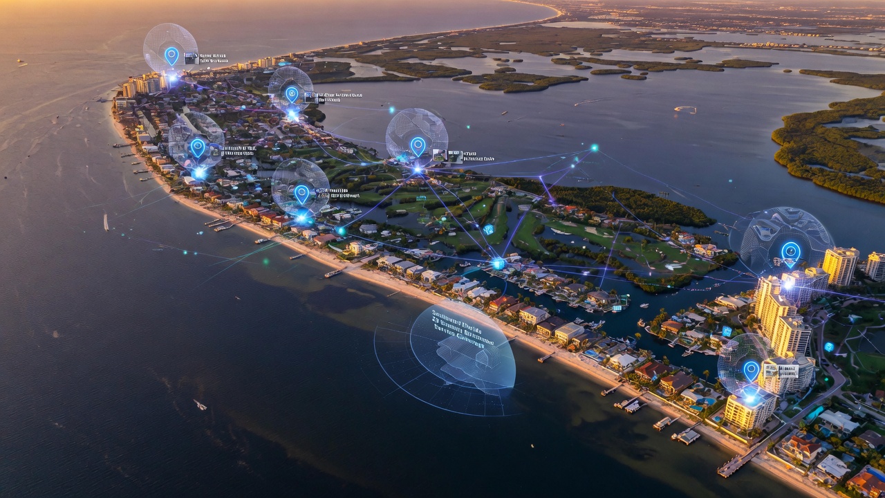 8K aerial perspective of Southwest Florida coastline with multiple property locations marked, digital network connecting them to represent regional 3D scanning service coverage