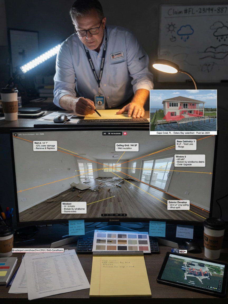 Insurance adjuster examining detailed Matterport scan with Xactimate measurements of a waterfront property in Cape Coral after storm damage, technical workspace, 8K resolution