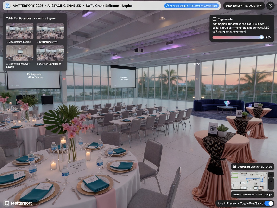 Futuristic 2026 concept image of AI-powered virtual staging inside a Matterport tour of an empty SWFL event space with multiple table configurations visible