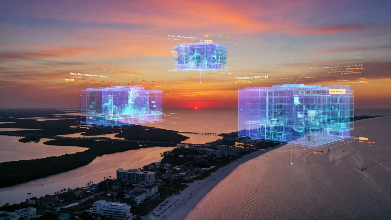 Panoramic sunset view over Southwest Florida coastline with overlaid transparent 3D digital twin models of commercial buildings floating above, symbolic and cinematic 8K
