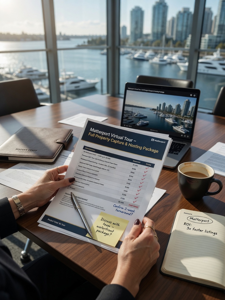 Professional 8K close-up of client reviewing detailed project estimate document for Matterport virtual tour pricing on conference table with coffee and waterfront view in background