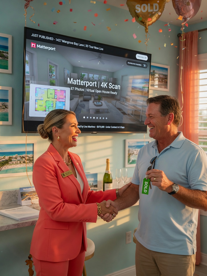 Smiling Southwest Florida real estate agent shaking hands with satisfied client in front of a large TV displaying their newly published Matterport 3D home tour, warm celebratory atmosphere, 8K cinematic