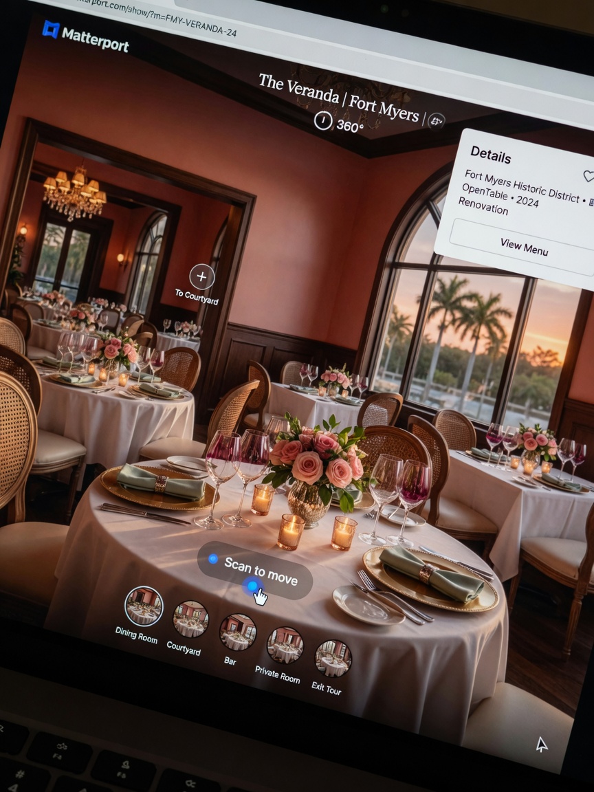 Immersive first-person perspective inside a Matterport virtual tour interface showing a beautifully set restaurant dining room in Fort Myers, digital overlay elements visible