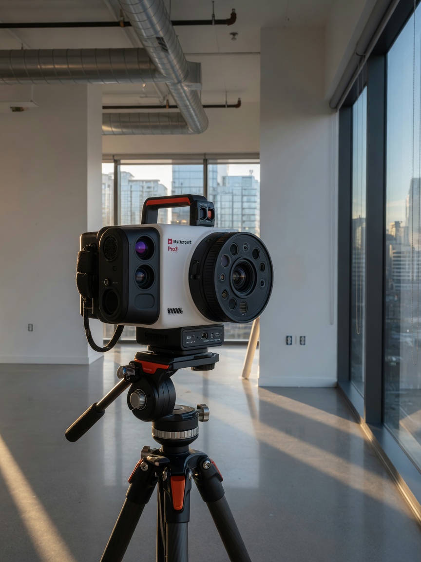 Professional close-up of Matterport Pro3 LiDAR camera mounted on tripod inside empty modern commercial office space with large windows, realistic textures, natural lighting, 8K resolution
