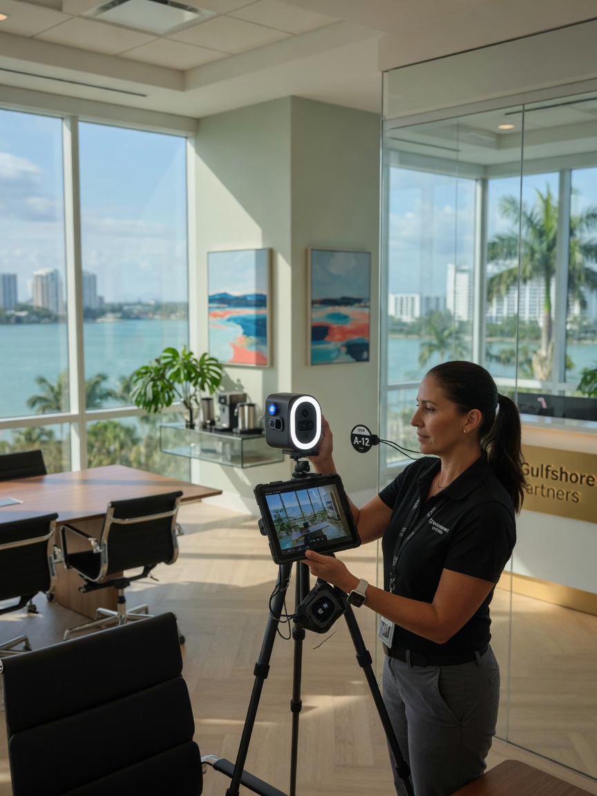 Detailed 8K image showing professional technician using Matterport Pro3 camera inside luxury commercial office space in Naples Florida, natural light from floor-to-ceiling windows, modern furniture, realistic scanning process
