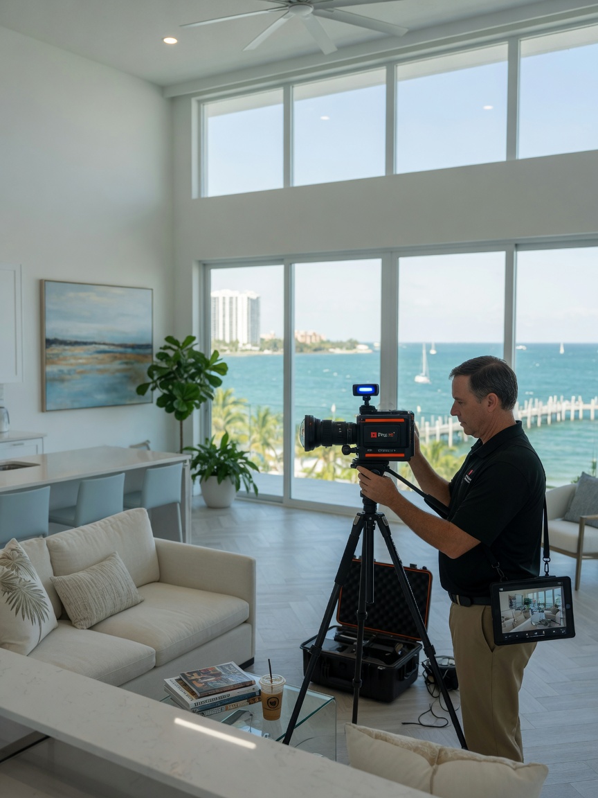Professional Matterport technician scanning a modern open-concept living room in Naples Florida, Pro3 camera on tripod capturing 360 data, bright natural light through large windows overlooking the gulf, ultra-realistic 8K interior photography