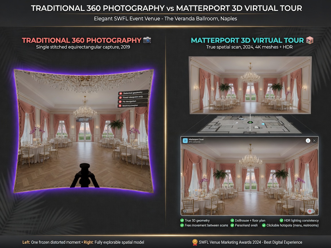 Professional side-by-side comparison of traditional 360 photography versus high-quality Matterport 3D virtual tour of the same elegant SWFL event venue, clean infographic style