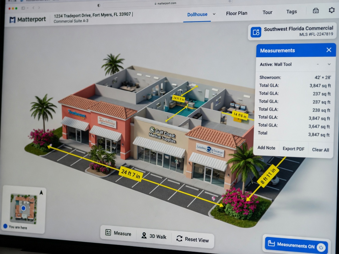 Interactive 3D Matterport virtual tour interface screenshot showing dollhouse view of a Southwest Florida commercial property with measurement tools activated, clean UI, ultra detailed
