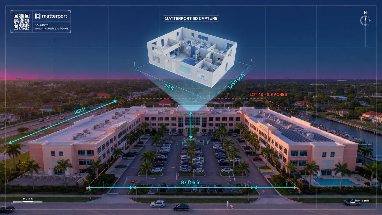 8K aerial view of South Florida commercial building complex with digital overlay of Matterport dollhouse 3D model floating above the property, technical visualization style with measurement lines