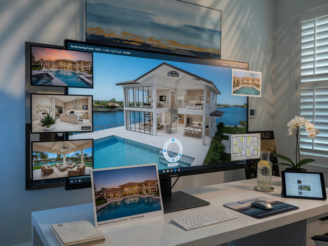 Interactive Matterport 3D dollhouse view of a luxury estate in Bonita Springs displayed on a large monitor in a real estate office, multiple property photos surrounding the screen, clean professional environment, 8K resolution