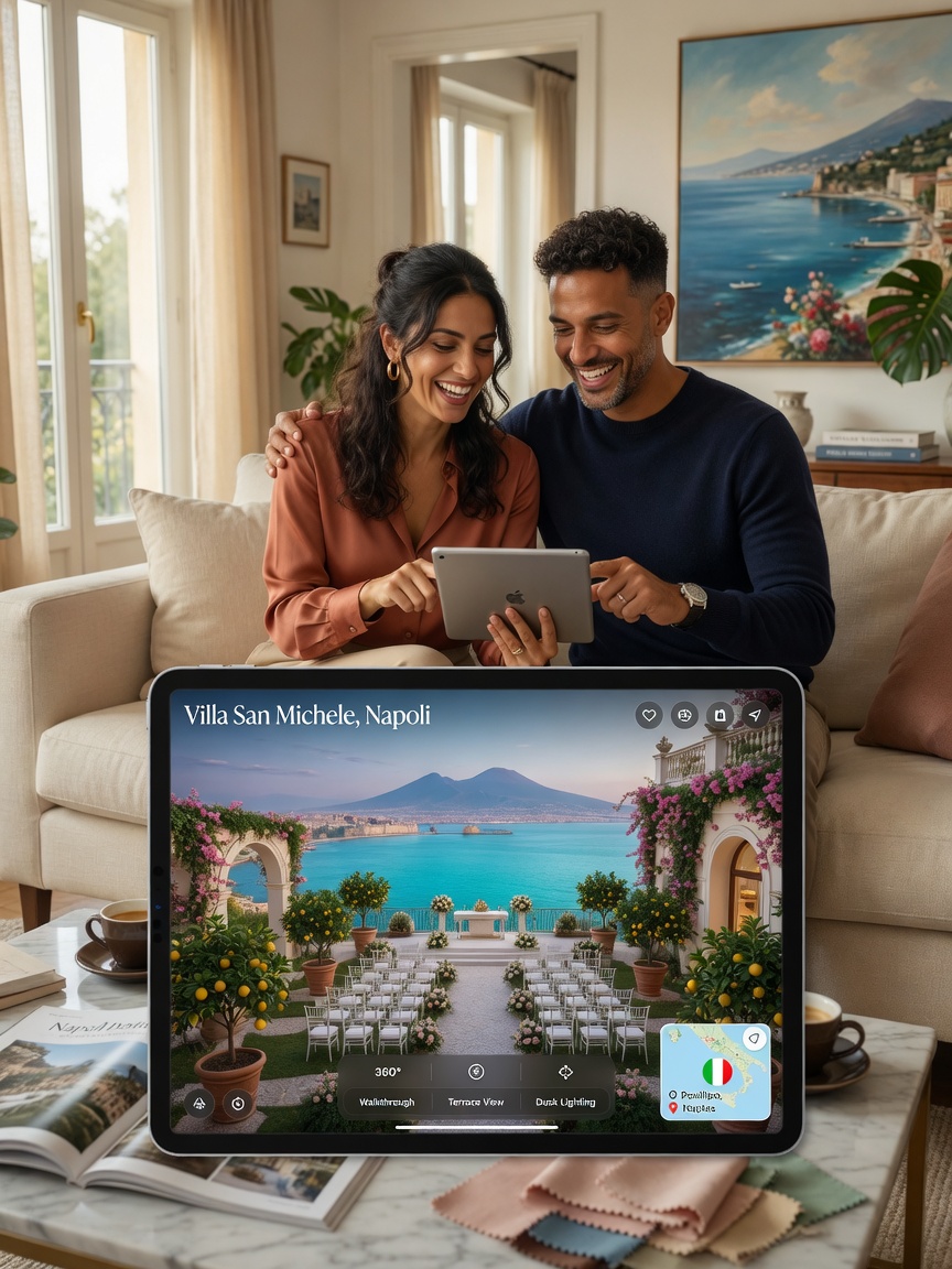Happy couple using a tablet to explore a 3D virtual tour of a Naples wedding venue while sitting on their couch at home, natural lighting, lifestyle photography