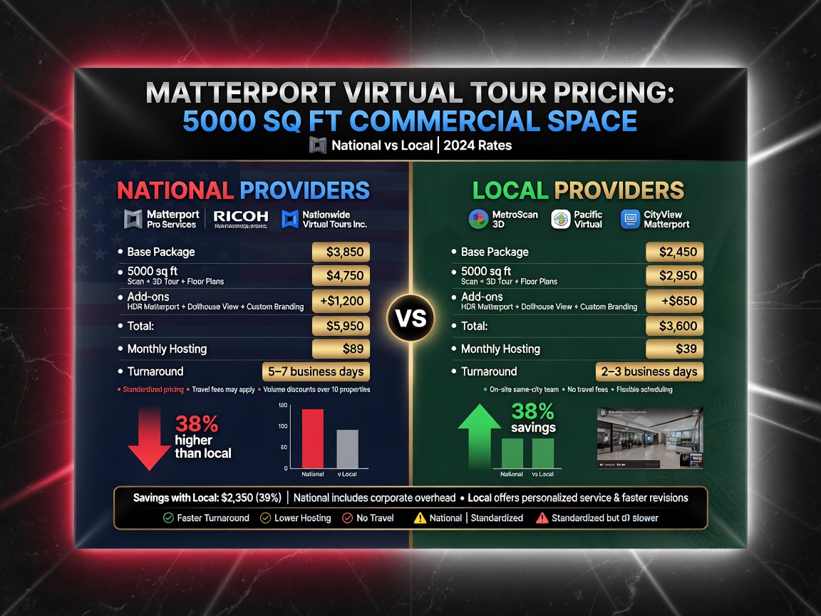 Side-by-side comparison infographic of national vs local Matterport virtual tour pricing for 5000 square foot commercial space, professional financial visualization, 8K
