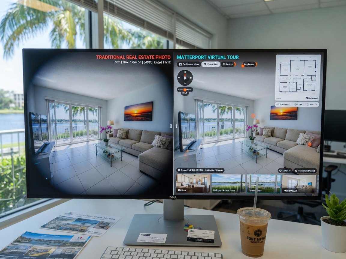 Ultra-realistic split-screen 8K comparison showing traditional real estate photography versus immersive Matterport virtual tour on large monitor in modern real estate office, Fort Myers Florida setting