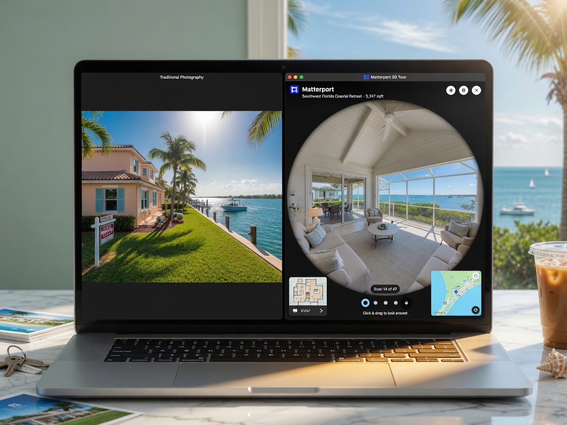 Side-by-side comparison of traditional real estate photography versus immersive Matterport 3D tour on a laptop screen, Southwest Florida coastal property, bright daylight, ultra-detailed 8K product photography style