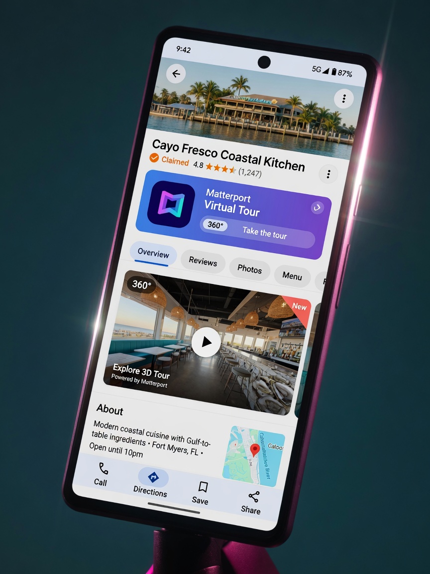 Modern Google Business Profile interface on a smartphone displaying a Matterport virtual tour badge for a Fort Myers restaurant, ultra sharp detail