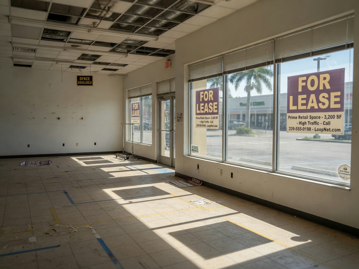 Empty commercial retail space in Fort Myers Florida with for-lease signage, natural light streaming through windows, ultra realistic 8K photography, subtle vacancy atmosphere