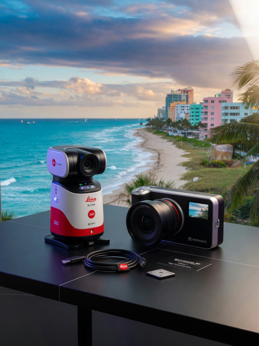 Professional 8K photograph of Leica BLK360 LiDAR scanner next to Matterport camera on sleek black table with South Florida coastal background visible through window, technical equipment product photography