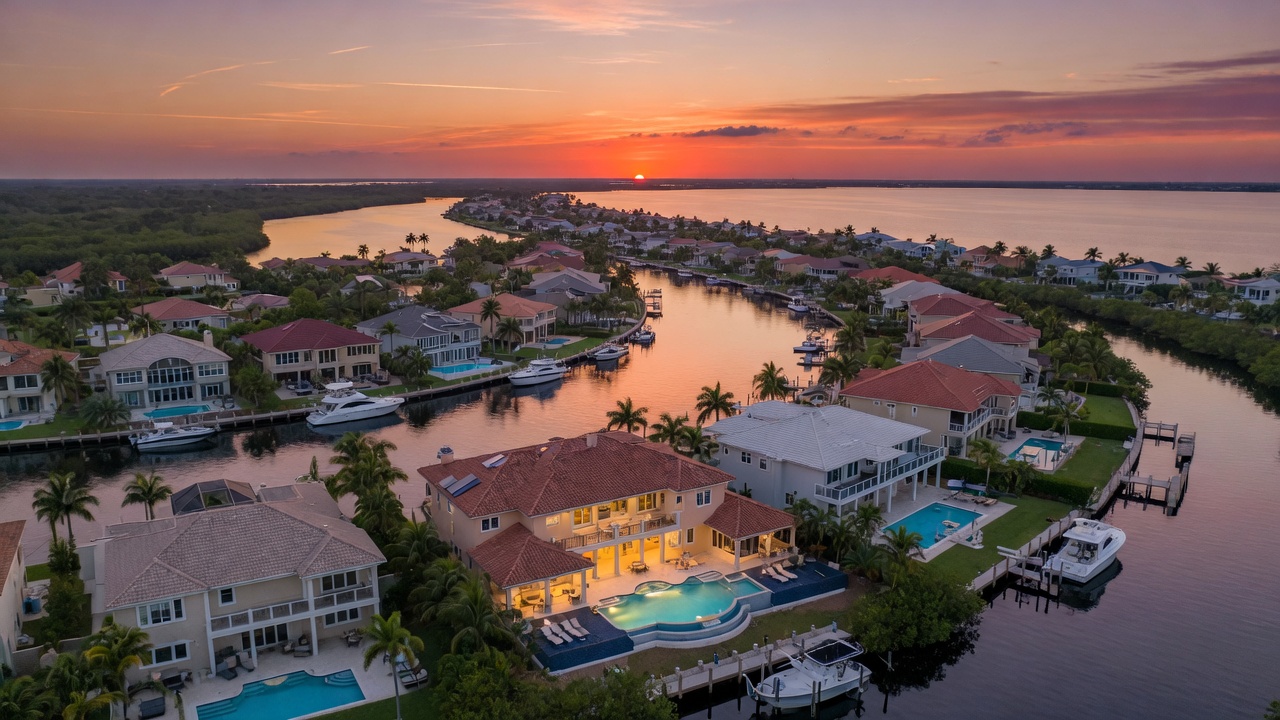 Drone photography over Fort Myers waterfront community at sunset showing luxury homes with swimming pools, perfect composition for real estate marketing, cinematic color grading, ultra-realistic 8K aerial shot