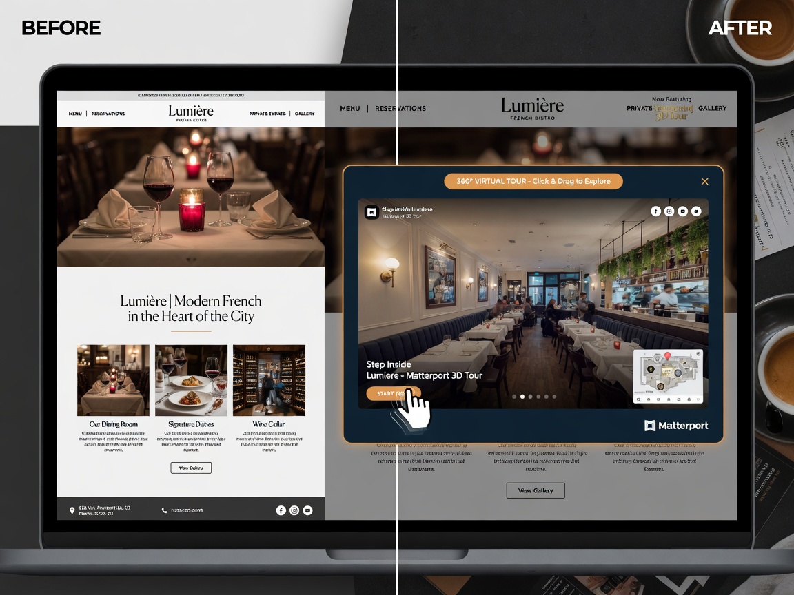 Before and after split image showing a static restaurant website versus the same site with an embedded interactive Matterport virtual tour, professional marketing style