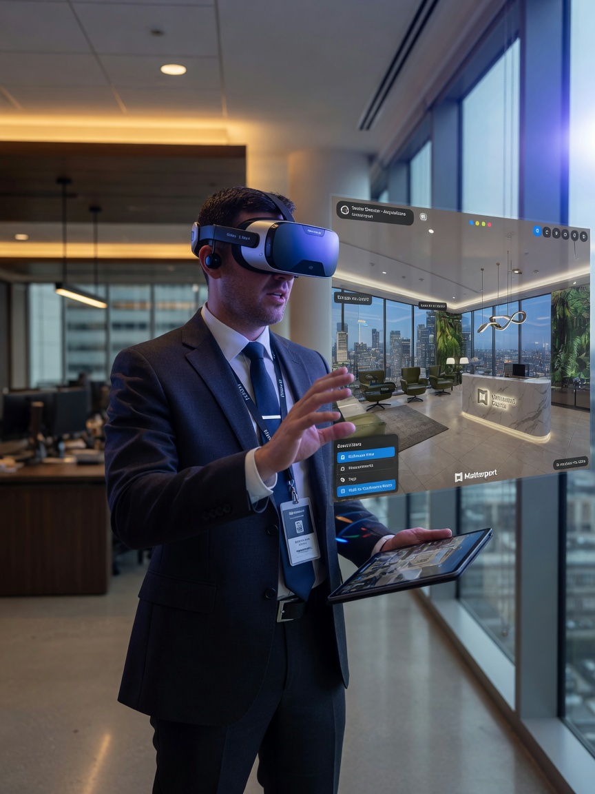 Business professional wearing VR headset experiencing immersive Matterport virtual tour of luxury commercial office, modern environment, photorealistic 8K