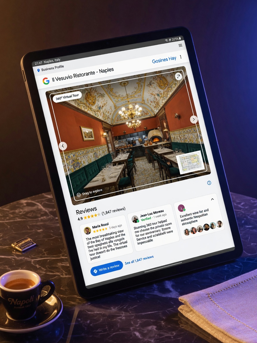 8K image of tablet displaying Google Business Profile with embedded 360 virtual tour of luxury restaurant interior in Naples, customer reviews visible, modern digital marketing concept