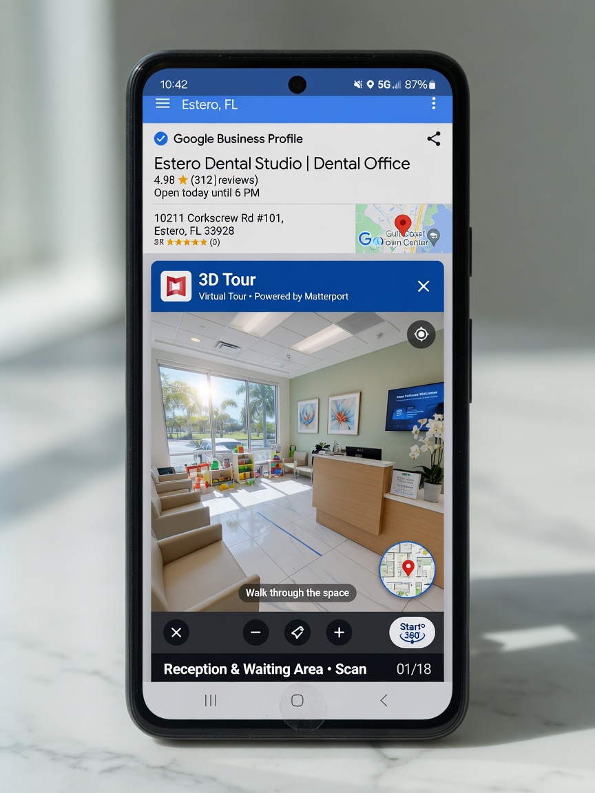 Google Business Profile page on a smartphone displaying an embedded Matterport 3D virtual tour of a dental office in Estero Florida, professional clean interface, natural lighting, 8K product visualization