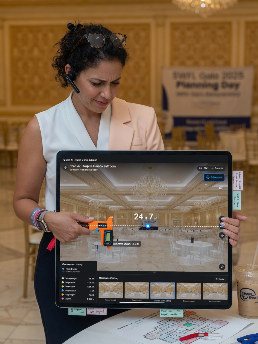 Busy SWFL event planner measuring a virtual 3D model of a Naples ballroom using Matterport measurement tools, focused professional expression