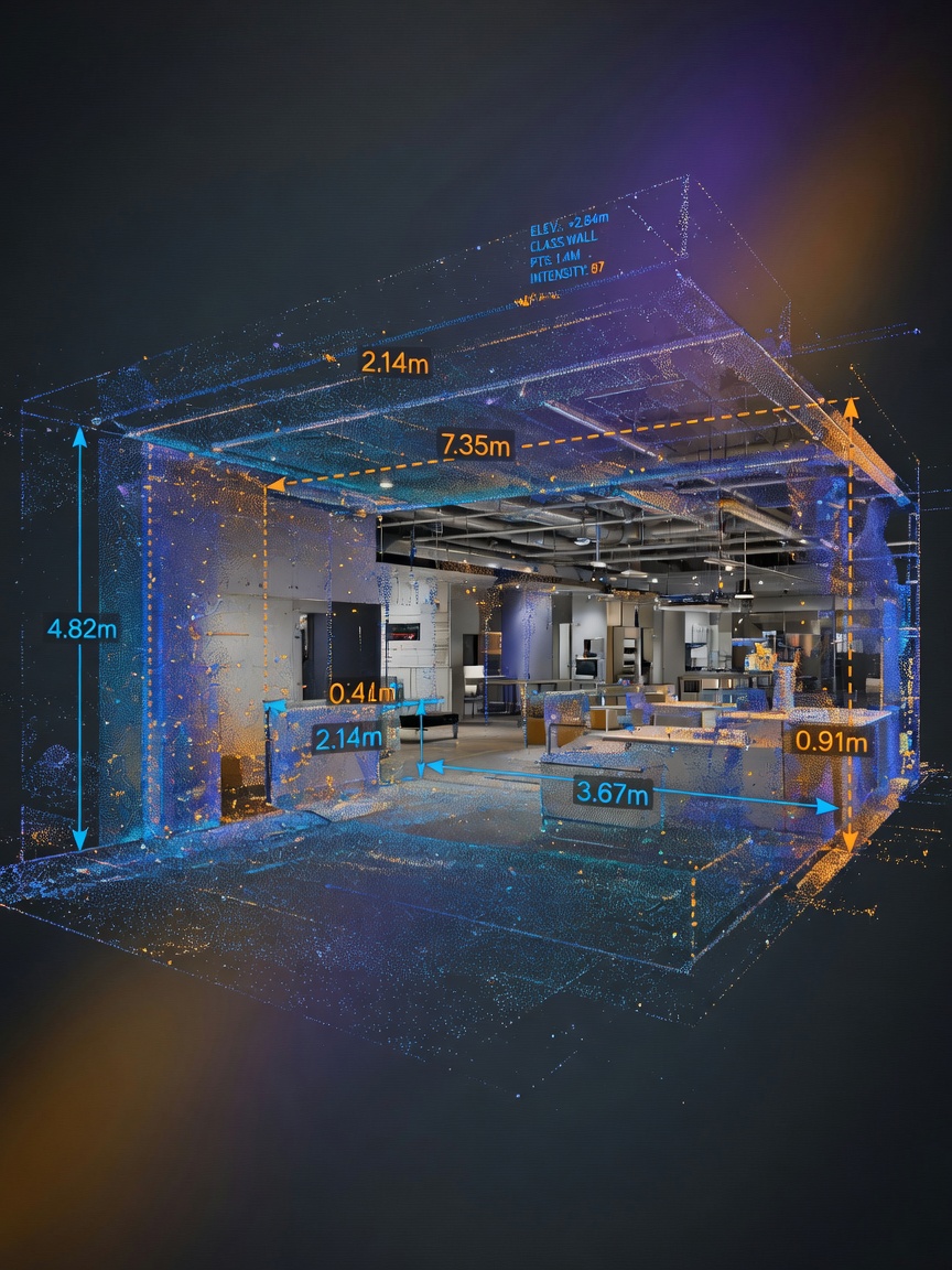 High-density LiDAR point cloud visualization of commercial building interior with precise measurements displayed in blue and orange data points, technical and accurate, 8K