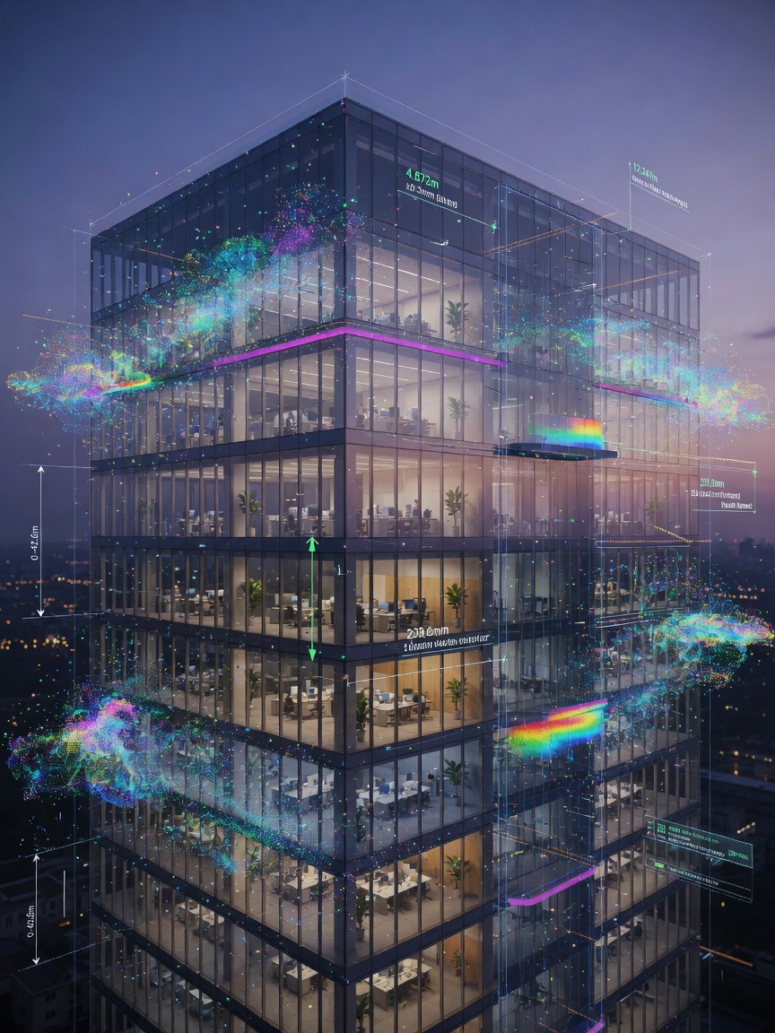 Ultra-realistic 8K visualization of multi-story office building digital twin with point cloud data overlay, millimeter accuracy measurements displayed, technical architecture style