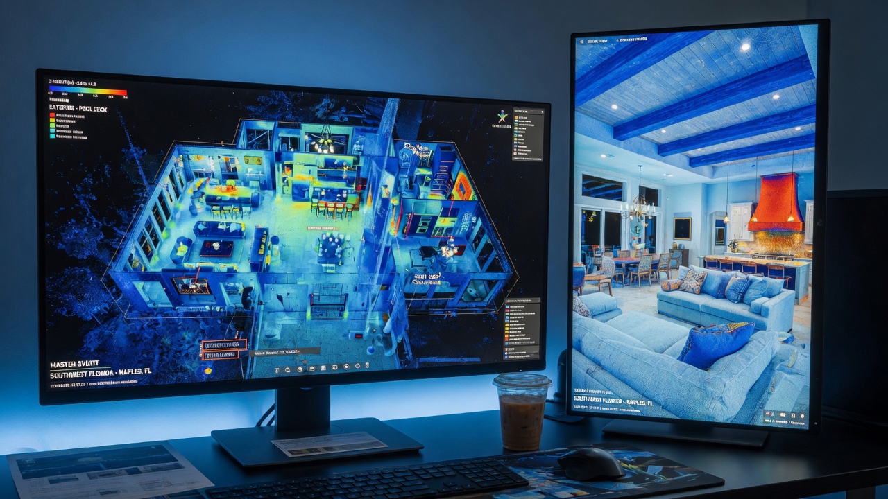 High-resolution LiDAR point cloud data visualization of a large Southwest Florida home interior displayed on dual monitors, technical and precise aesthetic, cool blue tones, ultra-detailed 8K render