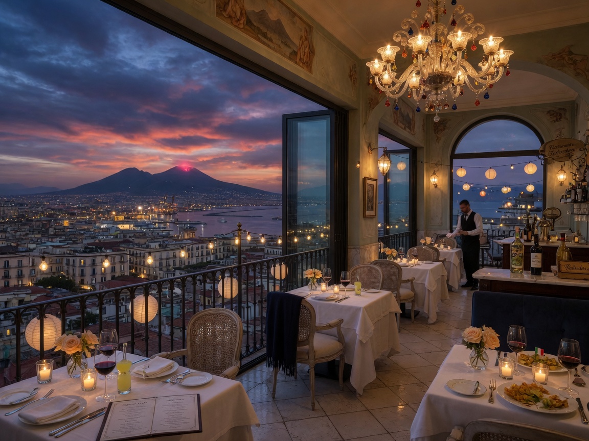 Stunning 8K interior shot of an elegant Naples rooftop restaurant at dusk with dramatic sky and city lights, perfect for virtual tour hero image