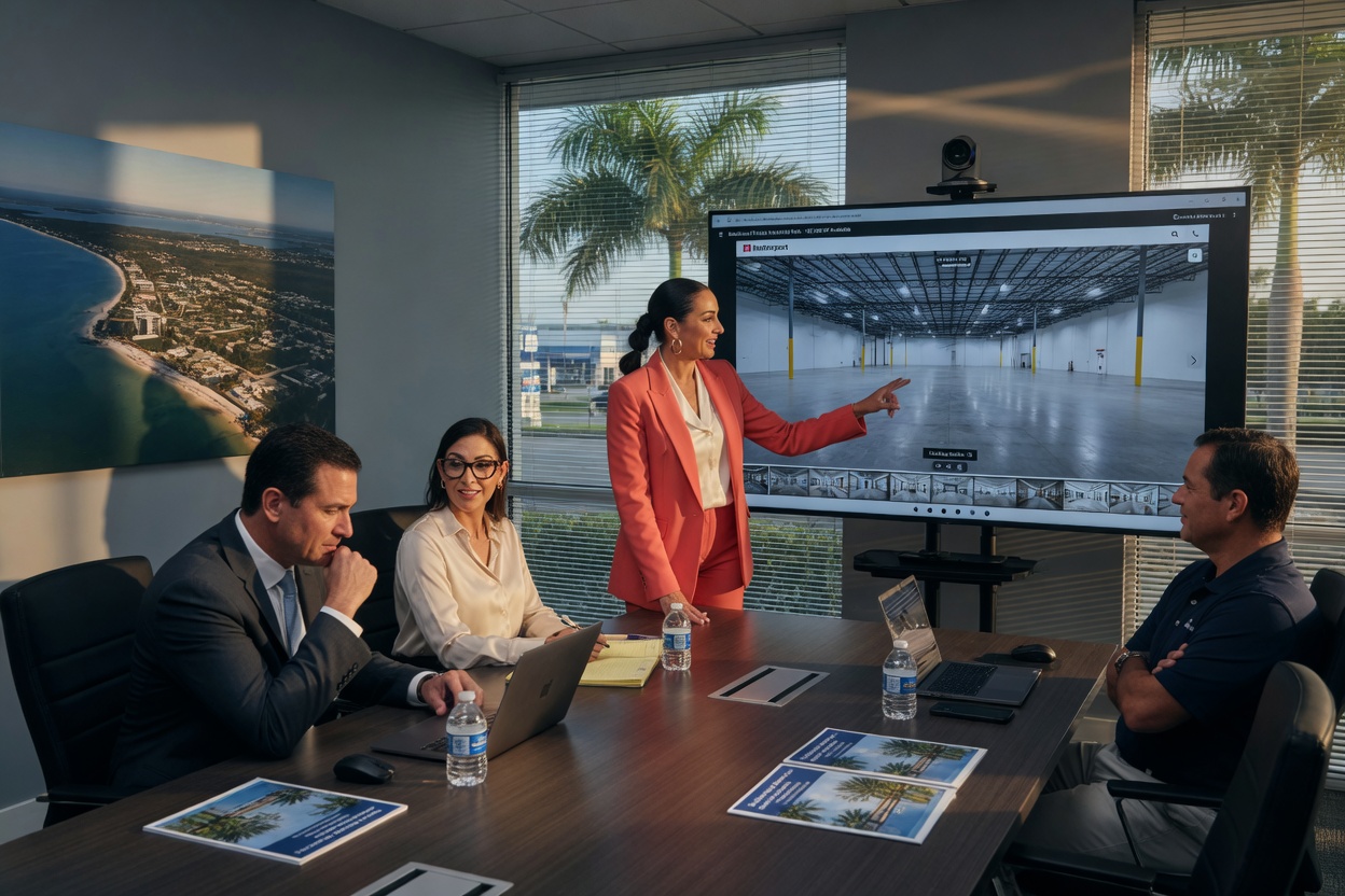 Southwest Florida commercial real estate agent presenting Matterport virtual tour on large monitor to corporate clients in conference room, natural expressions, realistic scene