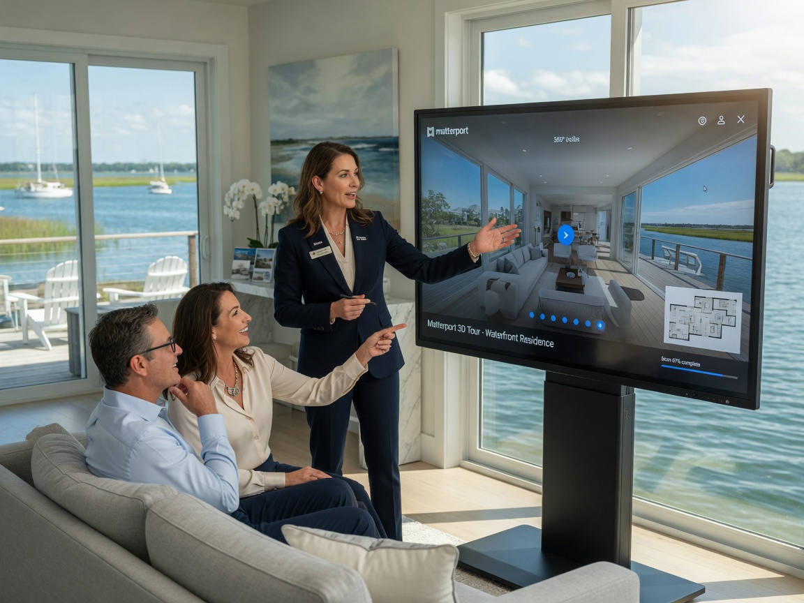 Professional 8K image of real estate agent presenting Matterport virtual tour on large touchscreen display to clients in waterfront property, natural lighting, engaged expressions
