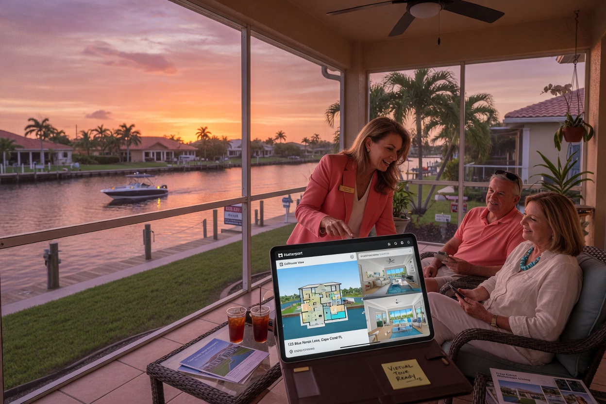 Real estate agent in Cape Coral showing a Matterport virtual tour on tablet to clients on a lanai overlooking a canal at sunset, relaxed atmosphere, authentic moment, cinematic 8K photography