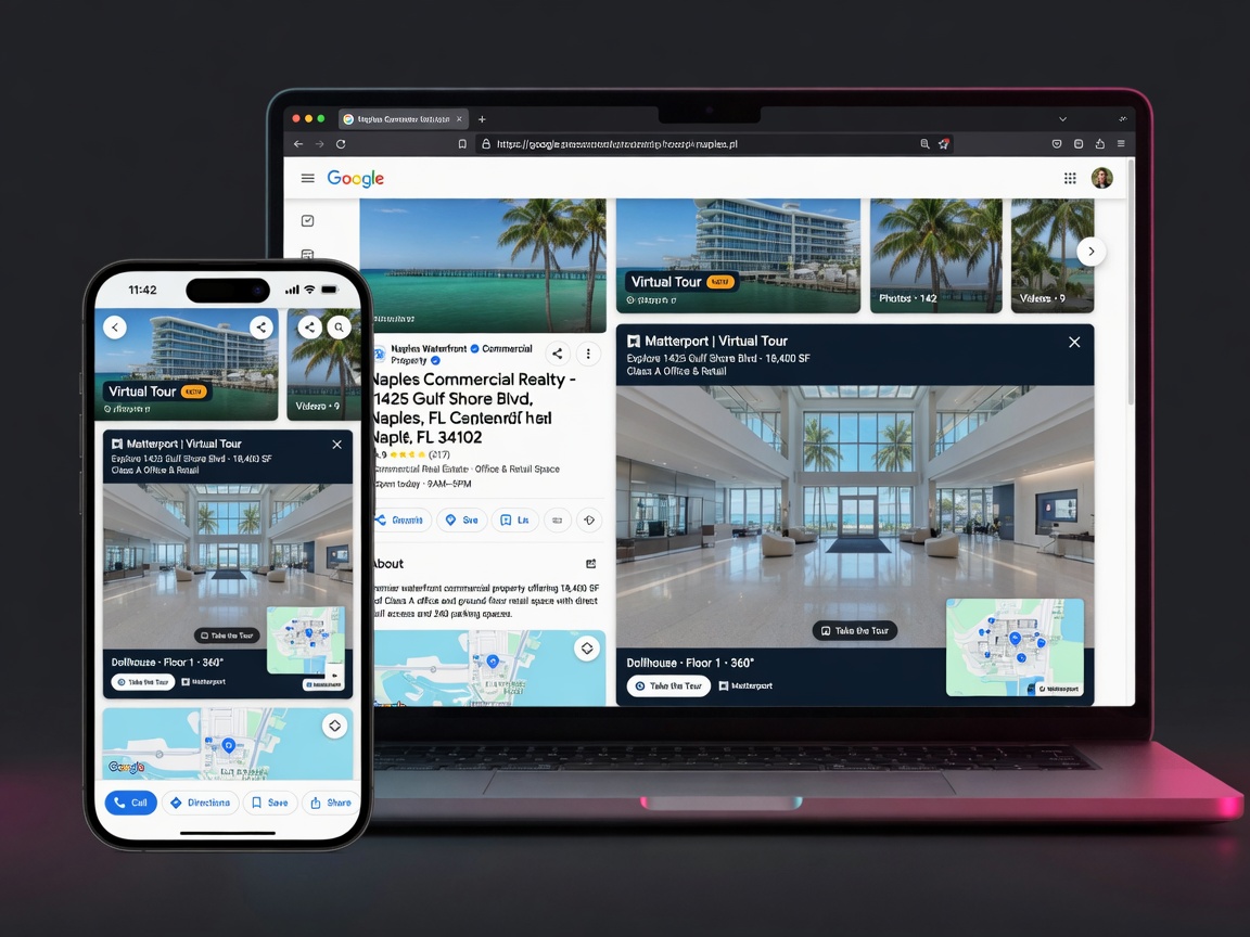 Google Business Profile page mockup displaying embedded Matterport 360 virtual tour for a Naples Florida commercial property, mobile and desktop views, ultra sharp
