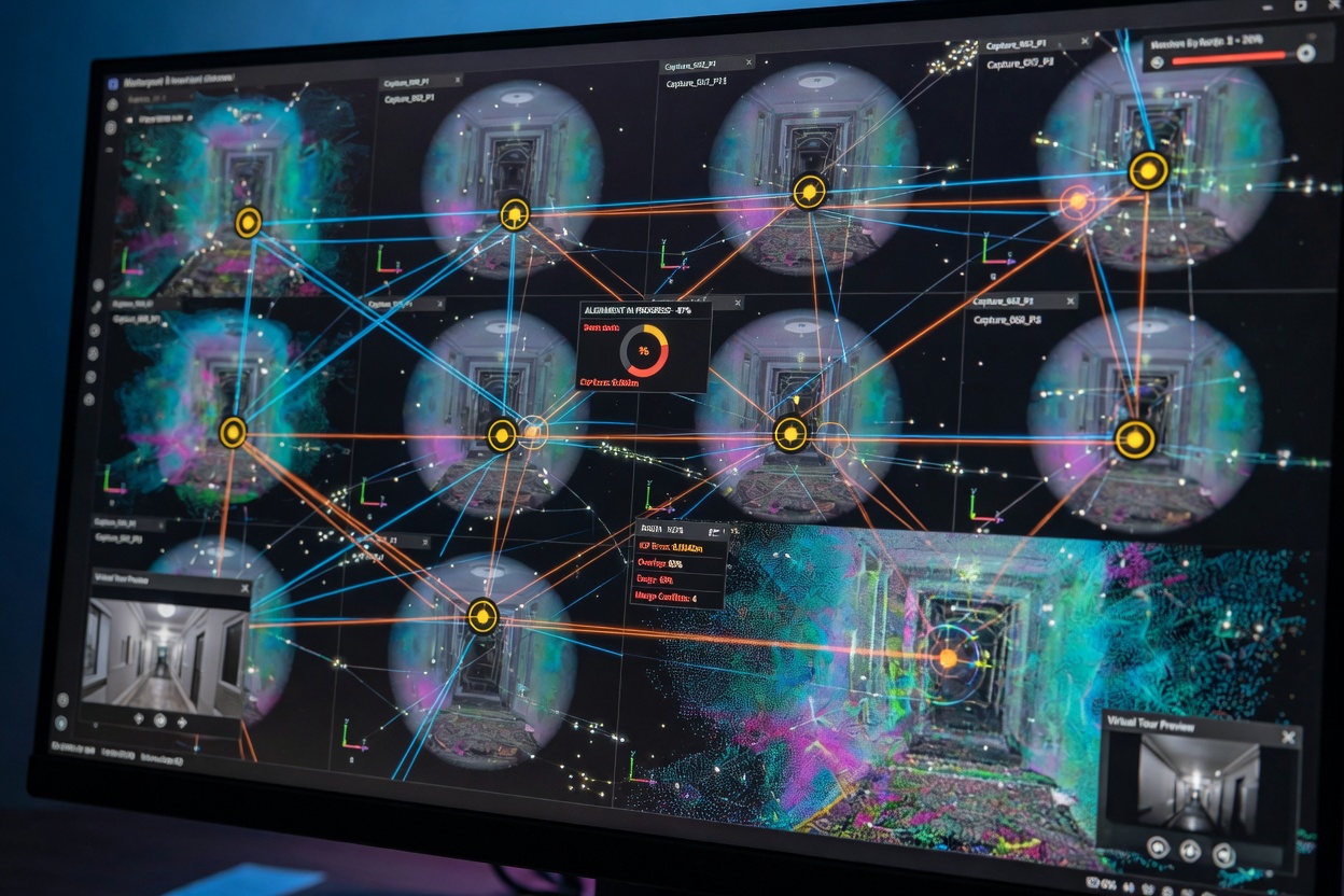 8K close-up of Matterport scan alignment process showing multiple overlapping 3D captures merging into seamless virtual tour, technical process visualization with glowing connection points