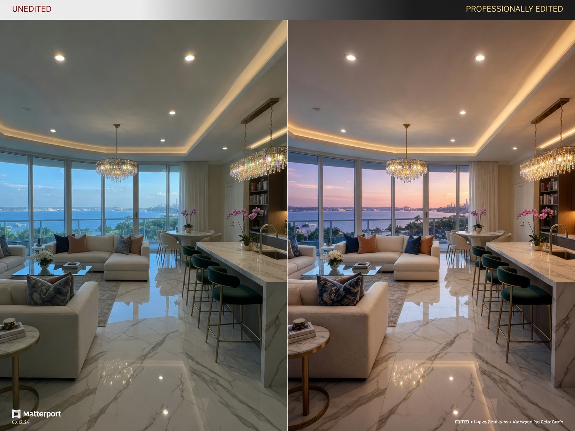 Before and after split image showing unedited versus professionally edited Matterport tour of a Naples luxury condo interior, dramatic improvement in lighting and clarity, ultra-realistic 8K