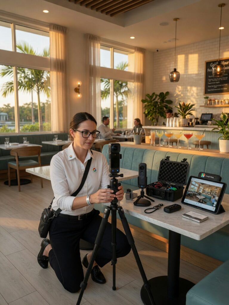 Ultra-realistic 8K photograph of a professional Google Trusted Photographer setting up specialized 360 camera equipment inside a modern Fort Myers restaurant during golden hour lighting, clean professional atmosphere, detailed camera gear visible