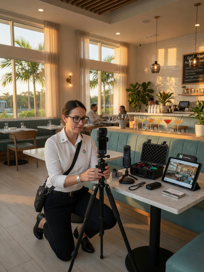 Ultra-realistic 8K photograph of a professional Google Trusted Photographer setting up specialized 360 camera equipment inside a modern Fort Myers restaurant during golden hour lighting, clean professional atmosphere, detailed camera gear visible