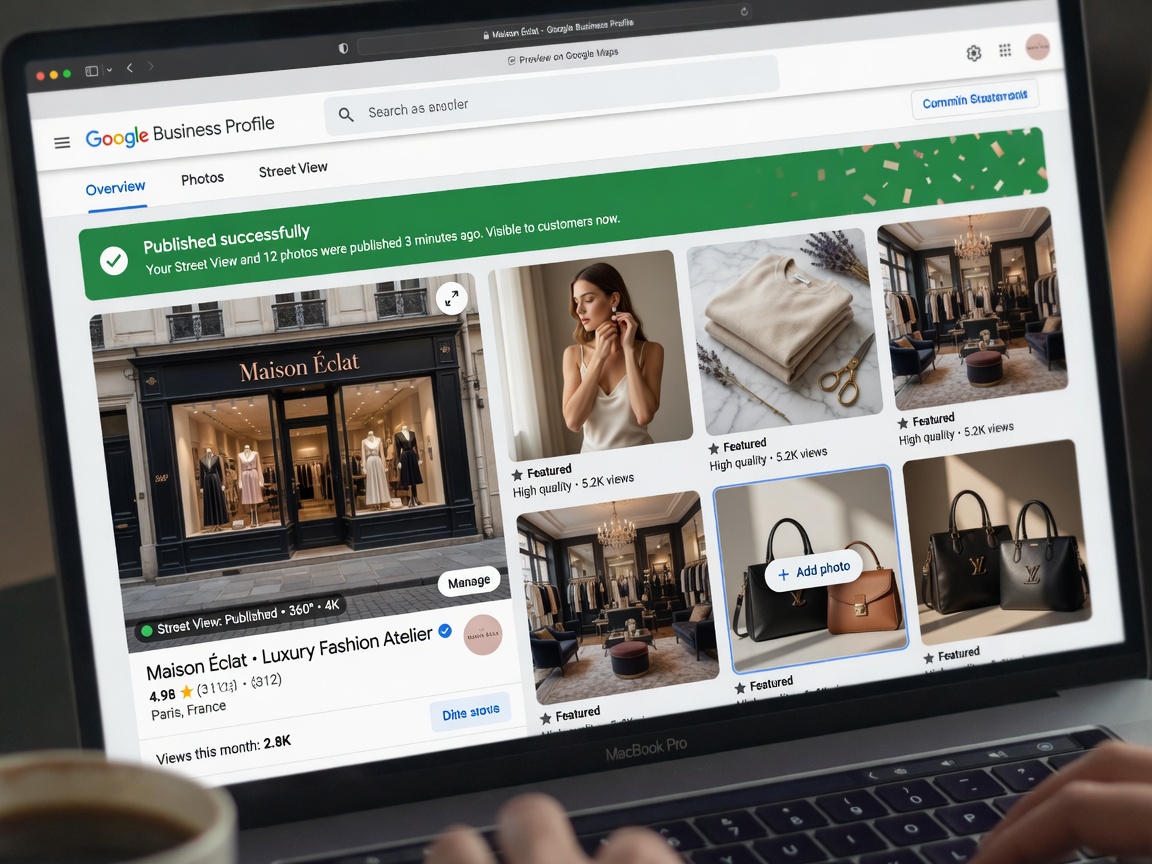 Ultra-realistic 8K screenshot-style image of Google Business Profile dashboard showing successfully published Street View and high-quality business photos