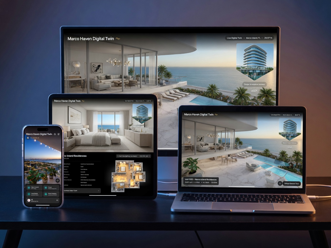 Ultra-realistic 8K image of a digital twin of a luxury Marco Island condominium displayed on multiple devices including smartphone, tablet and laptop, clean modern interface