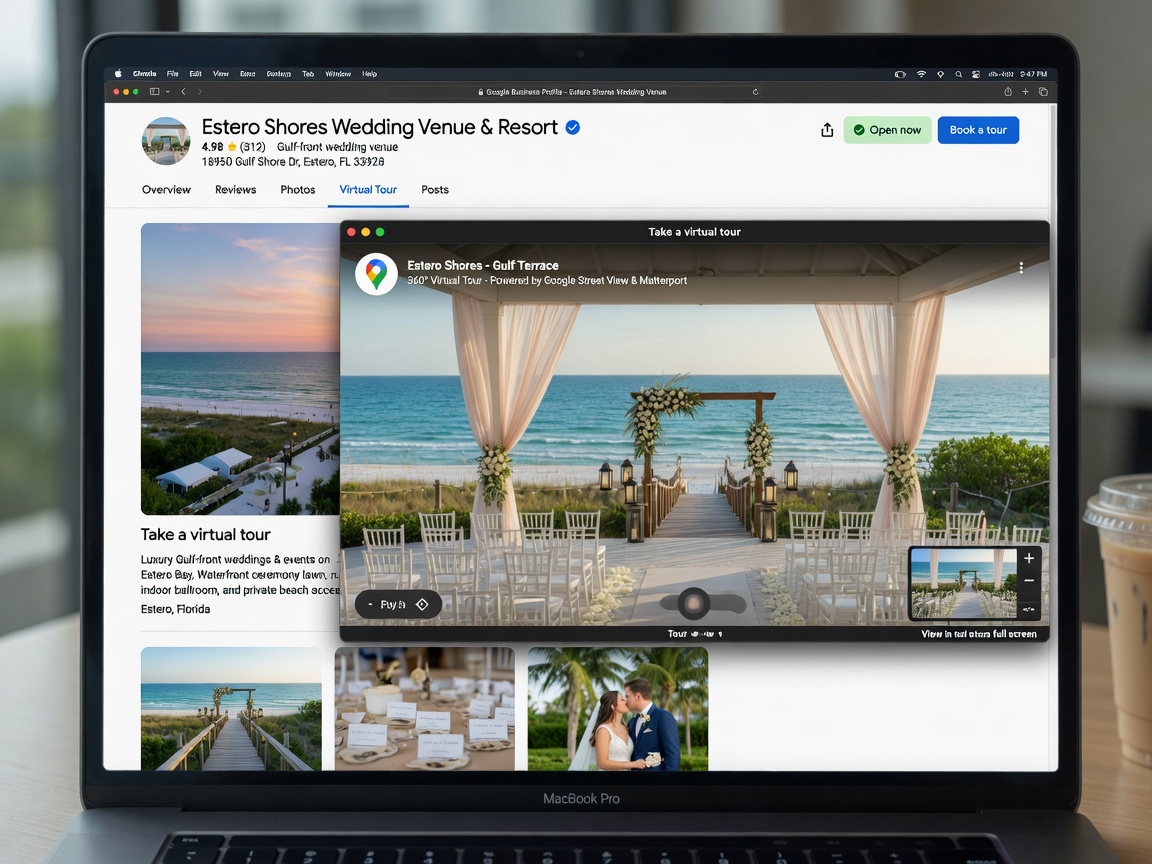 Ultra-realistic 8K image of a Google Business Profile interface on a laptop screen featuring an embedded high-quality virtual tour of a Gulf-front wedding venue in Estero Florida